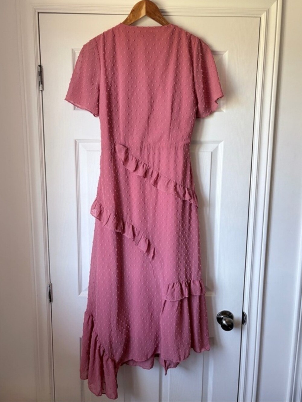 Lulus Rusty Rose Swiss Dot Ruffle Midi Dress Medium - Picture 9 of 11